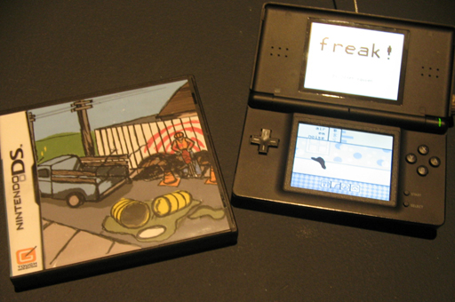 Nintendo DS device with homebrewed game displayed on screens, alongside a game case with original art 