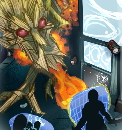 Cover for The Great Unfriending player handbook, featuring illustrated figures combating a monster in a technoscience fiction setting 